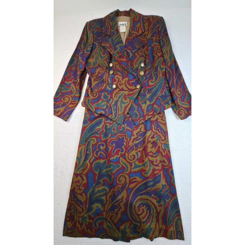 Vintage N.R.1 Womens Size 8 2 Piece Skirt Suit Multicolor Chevron Print Rayon
